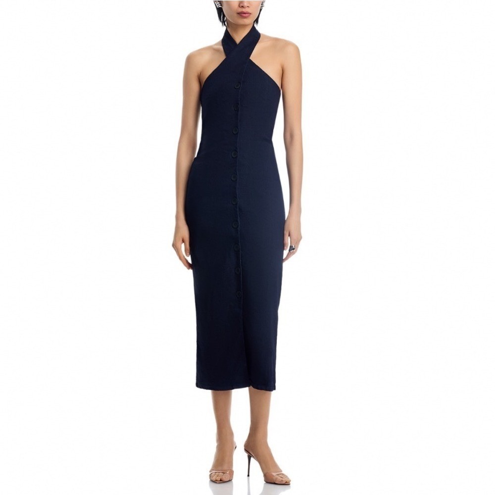 The Lulo Project Cami Denim Dress Dark Wash Halter Neck Midi Button Front Medium